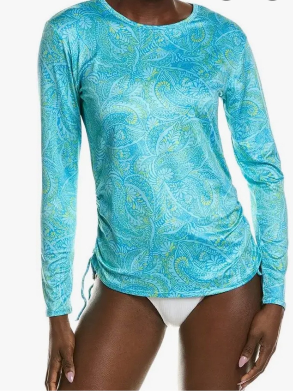 Stella Parker Adjustable Side Shirred Rashguard Turquoise Paisley Swim Top
